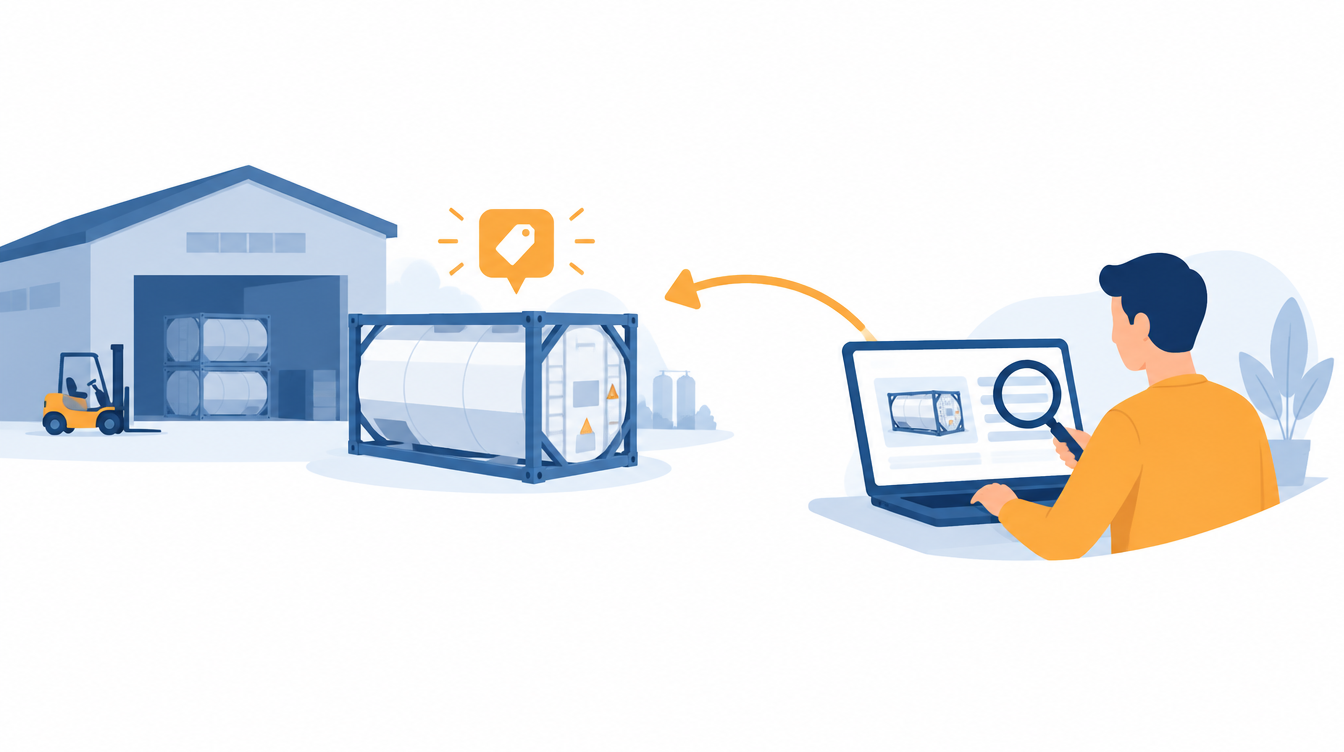 Illustration of an ISO tank container being listed at a depot on one side and searched for by a shipper on the other, connected by an arrow representing the ISO TANK RENTAL marketplace